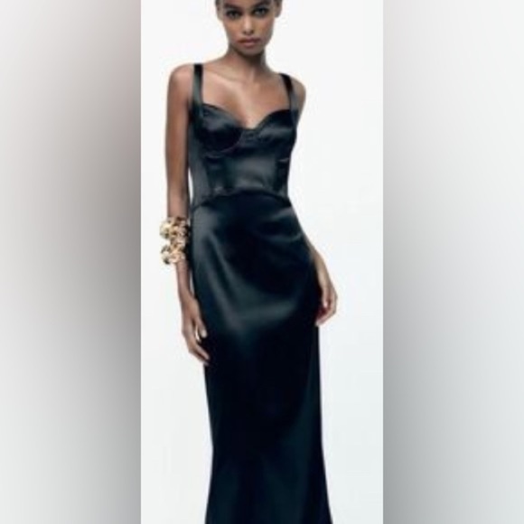 NWOT Zara corset satin midi dress in black. Size Medium - Picture 1 of 10